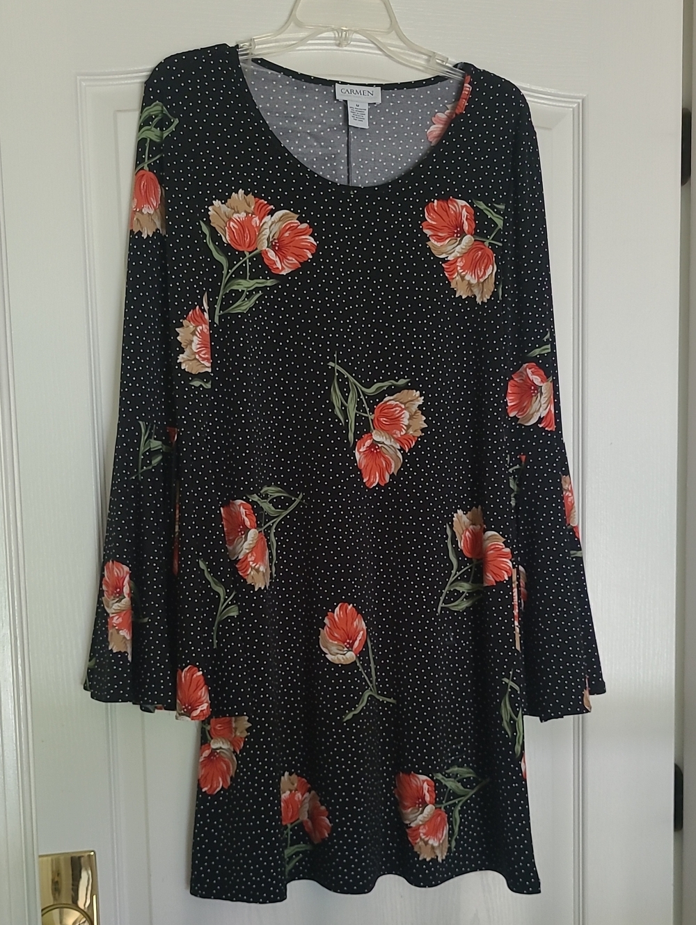 Carmen Marc Valvo Size M Black and White Polka Dot & Flower Dress